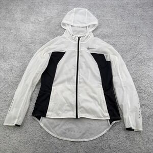 Nike Running Jacket Womens Small White Black Hooded Full Zip Pocket Lightweight